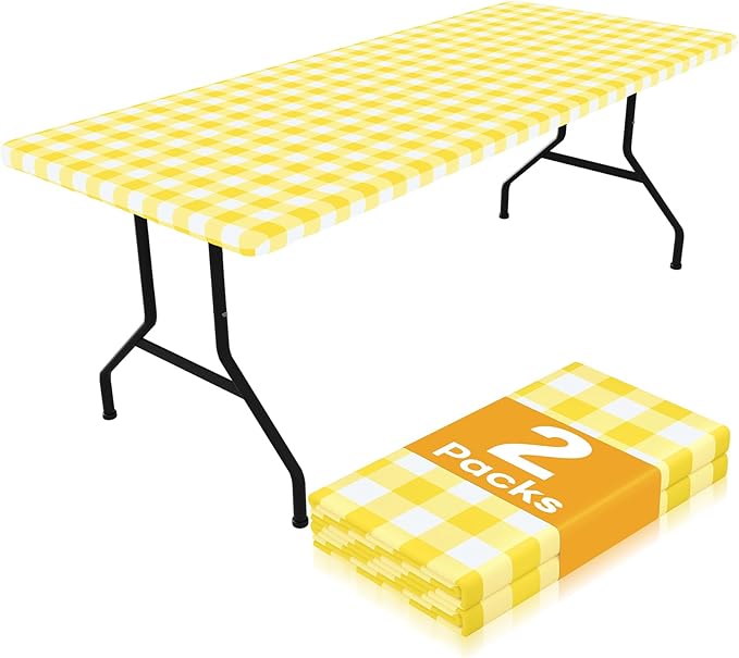 Smiry Picnic Table Cloth 2 Pack, Waterproof Elastic Fitted Tablecloths for 4FT Rectangle Tables, Washable Polyester Buffalo Plaid Tablecloth for Camping, Dining & Outdoor (Yellow & White, 30" x 48")