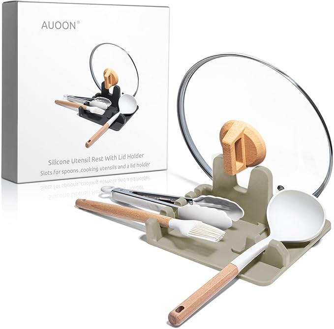 AUOON Spoon Holder for Stove - Silicone Spoon and Lid Rest with Drip Pad Kitchen Utensil Rest for Spoons, Ladles, Spatulas, Tongs & More (Milk Shake, Large)