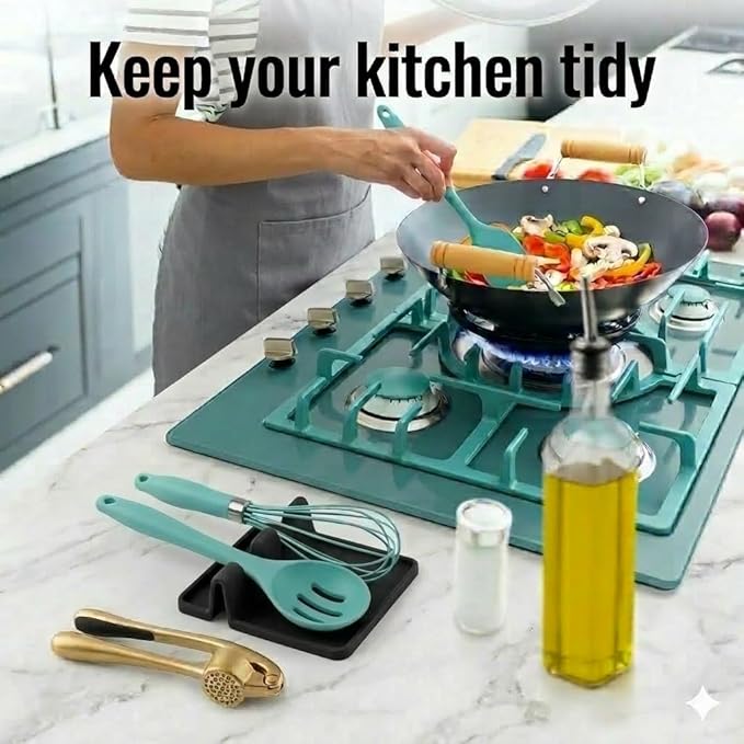 Silicone Spoon Rest for Stove Top – Silicone Utensil Holder with Large Drip Tray, Heat Resistant, BPA Free Food-Grade Silicone, Non-Slip Base, Dishwasher Safe,4-Slot Design, Includes 2 Sponges (Black)