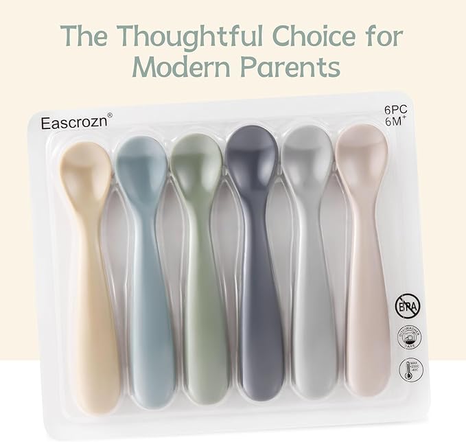 Eascrozn Silicone Baby Spoons Self Feeding 6+ Months, 6 Pack First Stage Baby Led Weaning Supplies, Soft Tip Feeding Spoon, BPA Free, Dishwasher and Boil Safe