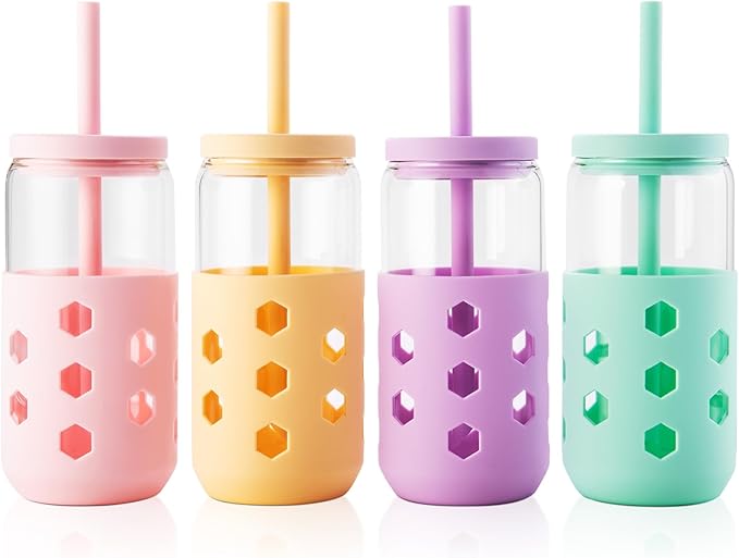 Mrsdry Glass Cups with Lids and Straws (4 Pcs), 16oz Drinking Glasses Set with Silicone Sleeves for Coffee Bar Accessories Iced Coffee Cups with Lids, Glass Tumbler Reusable for Gifts