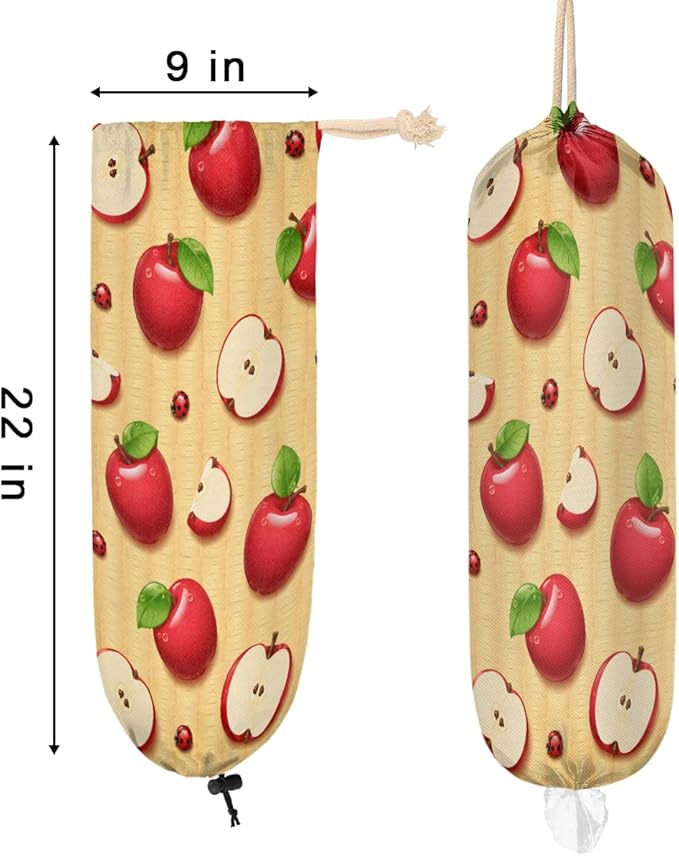 Pardick Plastic Bag Holder Red Apples Wall Mount Grocery Bag Holder Wasgable Plastic Bag Dispenser Garbage Bag Organizer for Home Kitchen Decor, Gifts for Women Mom Family Friends