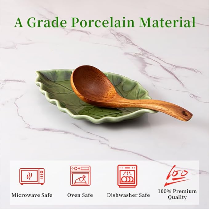 Ceramic Leaf Shape Spoon Rest for cooking, Cute Green Cooking Spoon Holder for Stove Top,Large Porcelain Spatula Rest for Kitchen Counter, Farmhouse Kitchen Decor (green)