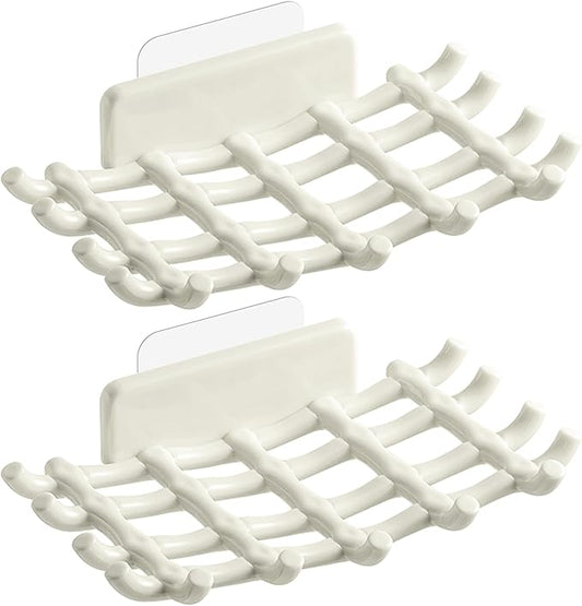 Soap Bar Holder for Shower Wall, Self Draining Soap Dish with Hooks, No Drilling, Bathtub Kitchen Sink Waterproof Adhesive Wall Mounted Dish (2 Pack, White)
