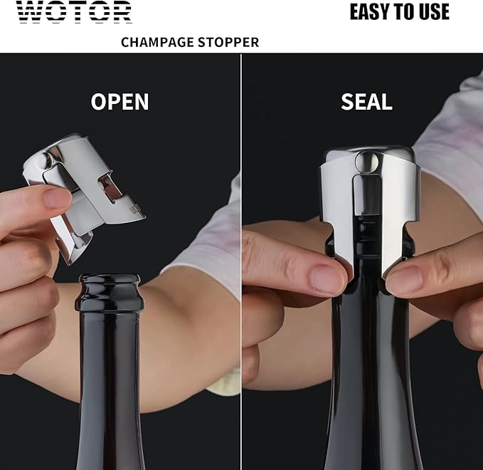 WOTOR Stainless Steel Champagne Stoppers - Champagne Bottle Stoppers with Silicone Seal, Reusable Cork & Saver, Suitable for Prosecco & Sparkling Wine, Silver, 3 Pack