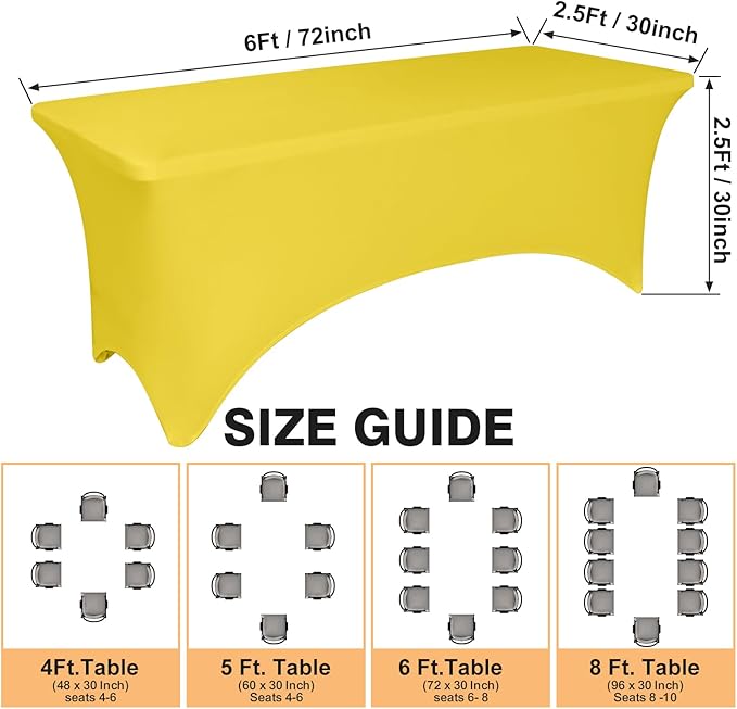2 Pack 6 Feet Yellow Spandex Tablecloth for Rectangular Tables, Fitted & Stretch, Washable, Wrinkle Resistant, Perfect for Event, Wedding, Party, Banquet, Cocktail, Festival, and Table Protector