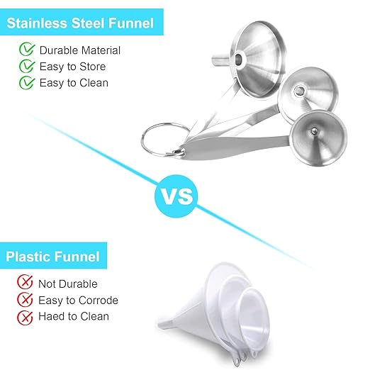 Large Small Funnel Set of 3, Food Grade Mini Funnels for Kitchen Use Filling Bottles Liquor Flask Tiny Spice Cooking Powder, 6Pcs Metal Stainless Steel Funnel (Long Handle), 2Pcs Cleaning Brushes YLYL