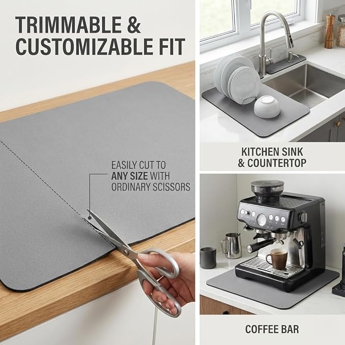 Extra Large Dish Drying Mats: 33"L x 17"W XXL Customizable Trimmable Non-Slip Absorbent Mat, Oil Stain Resistant Easy Clean Drip Catcher Counter Protector for Kitchen Sink Coffee Bar Espresso Machine