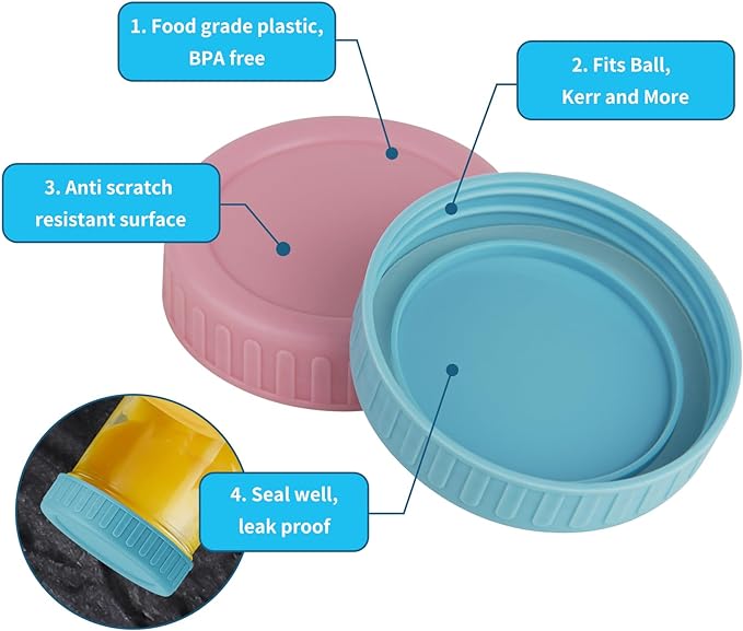 Vaincre 8PCS Wide Mouth Mason Jar Lids, Plastic Mason Jar Canning Lids Tops, Reusable Leak Proof Canning Covers with Silicone Rings for Ball, Kerr and More, Dishwasher Safe