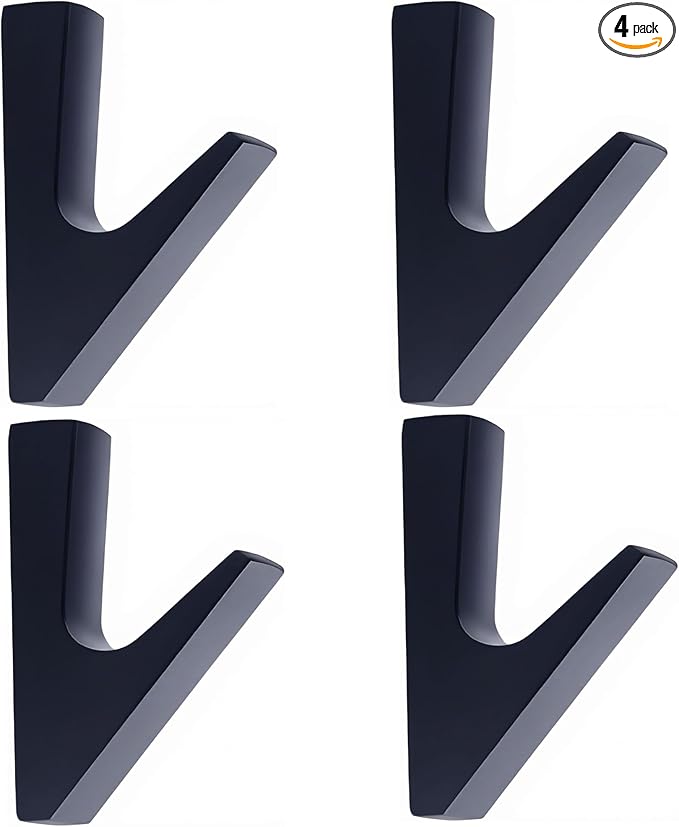4 Pcs Aluminum Coat Hooks Matte Black, Industrial Strength Wall Mount Hooks for Hanging Coats, Hats, Bags, Towels, Rustproof Bathroom & Kitchen Hardware for Home Organization