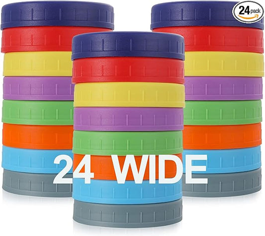 AOZITA [ 24 Pack ] WIDE Mouth Mason Jar Lids for Ball, Kerr and More - Colored Plastic Storage Caps for Mason/Canning Jars - Leak-Proof