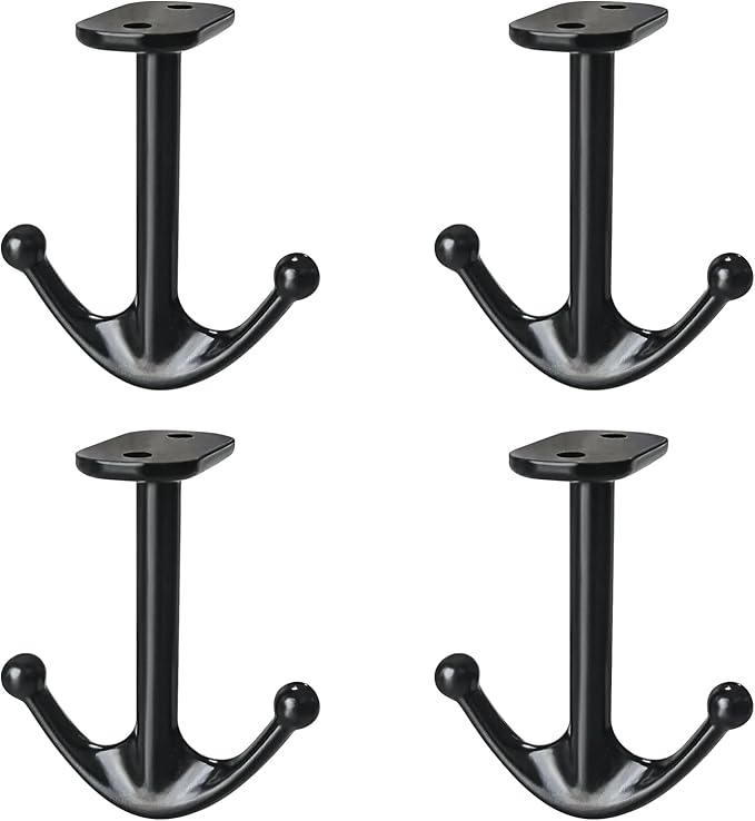 Zinc Alloy Double Prong Ceiling Hooks, 4-Pack Under Shelf Coat Hooks Hanging Towel Robe Clothes Cap Bathroom Kitchen Cabinet Garage Use (Black)