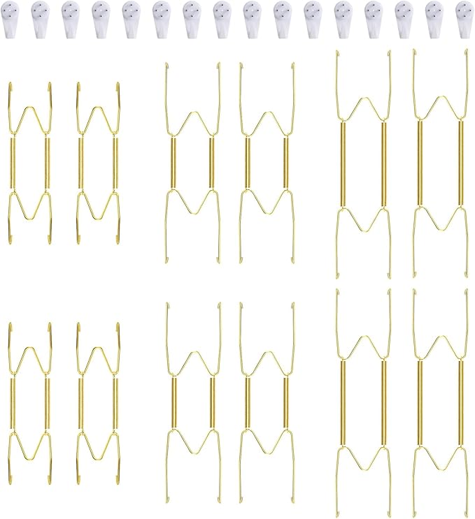 12 Piece Plate Hangers, 6/8/10 Inch Invisible Brass Wall Plate Hangers, Comes with 16 Piece Wall Hooks for Decorative Plates