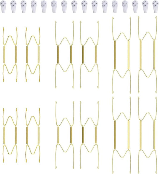 12 Piece Plate Hangers, 6/8/10 Inch Invisible Brass Wall Plate Hangers, Comes with 16 Piece Wall Hooks for Decorative Plates