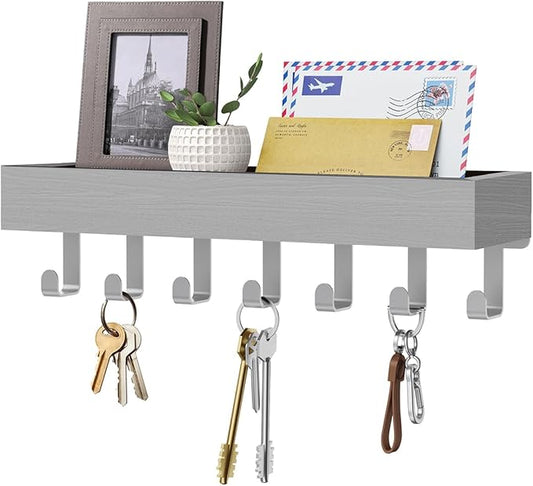 Key Holder Wall Mount Adhesive Magnetic - Hanging Key Hooks with Mail Organizer Tray for Wallet House Accessories - Keys Rack with Shelf for Camper Entryway Door Home Living Room Decor Grey Large