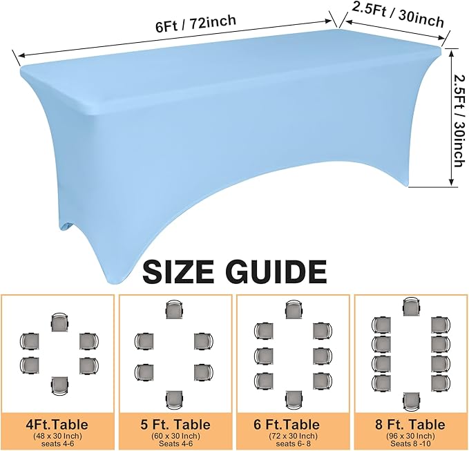 2 Pack 6 Feet Light Blue Spandex Tablecloth for Rectangular Tables, Fitted & Stretch, Washable, Wrinkle Resistant, Perfect for Event, Wedding, Party, Banquet, Cocktail, Festival, and Table Protector