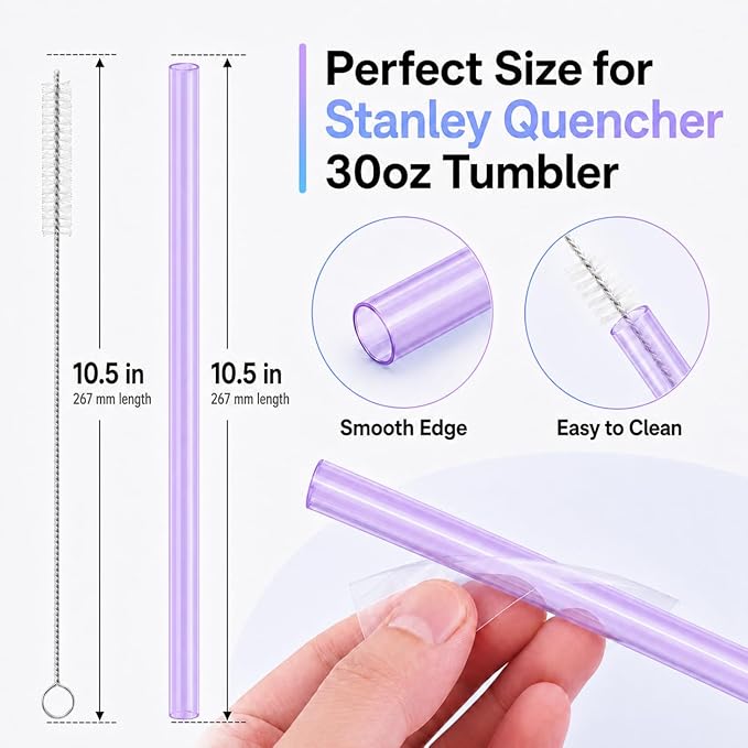 Joshey 10.5 Inch Tritan Replacement Straws for Stanley 30oz Tumbler - 6 Pack Reusable Long Straws with Cleaning Brush, Fits 30oz Stanley Cup Accessories, BPA-Free (Purple)