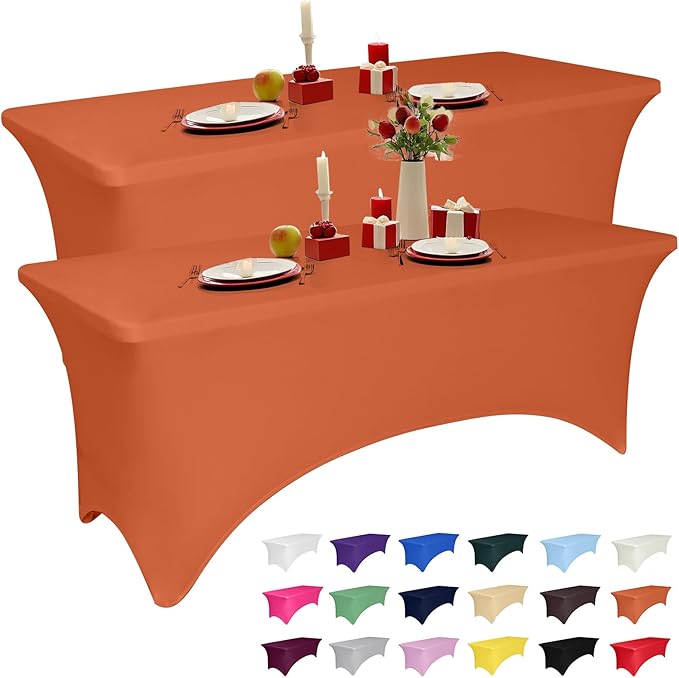 2 Pack 6 Feet Orange Spandex Tablecloth for Rectangular Tables, Fitted & Stretch, Washable, Wrinkle Resistant, Perfect for Event, Wedding, Party, Banquet, Cocktail, Festival, and Table Protector