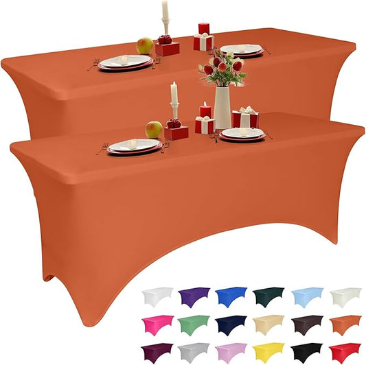 2 Pack 6 Feet Orange Spandex Tablecloth for Rectangular Tables, Fitted & Stretch, Washable, Wrinkle Resistant, Perfect for Event, Wedding, Party, Banquet, Cocktail, Festival, and Table Protector