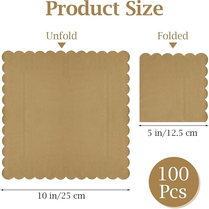 100 Pcs Cocktail Napkins, 2-Ply 5 x 5 Inches Disposable Scalloped Napkins, Thick Premium Dessert Napkins for Party, Wedding, Dinner, Birthday, Anniversary, Festival (Brown)