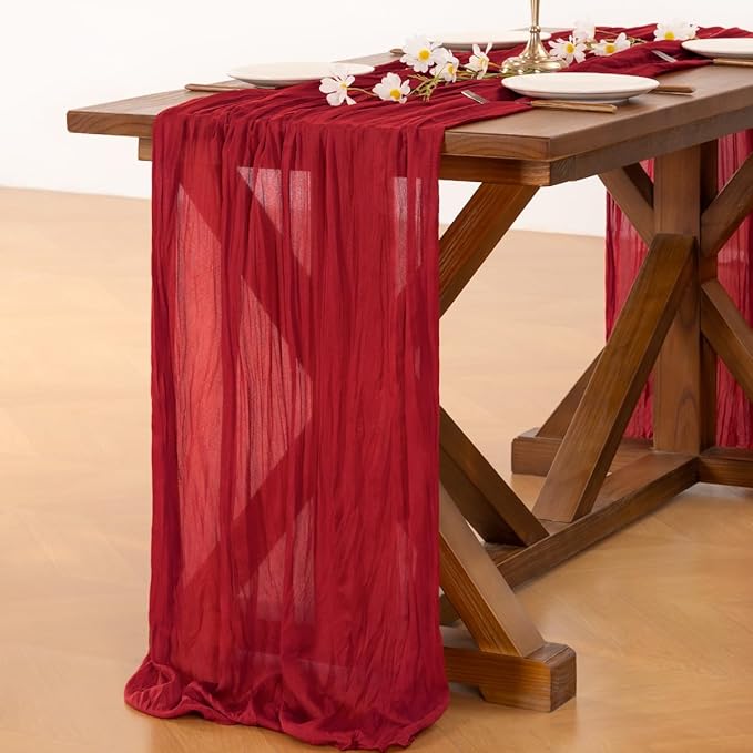 Socomi 3pcs Red Summer Cheesecloth Table Runner Boho Rustic Gauze 120 inch 10FT Cheese Cloth Sheer Runner for Wedding Party Baby Shower Birthday Home Decor Holiday Decorations