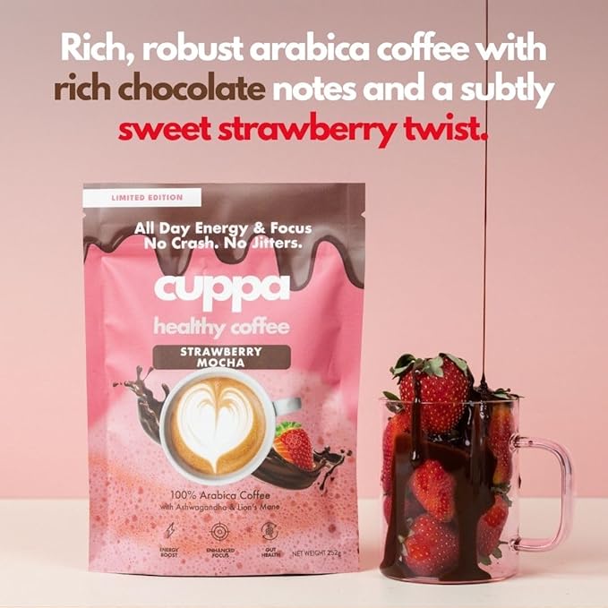 Cuppa Strawberry Mocha Mushroom Coffee with Adaptogens & Superfoods - Lion’s Mane, Ashwagandha & Cordyceps. Adaptogens + MCT to support natural energy, mental focus & gut health (30 Servings)