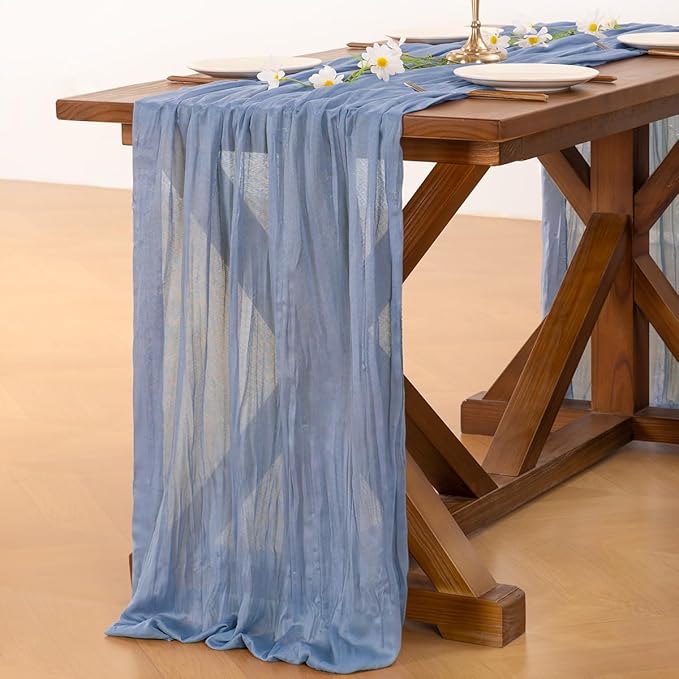 Socomi 6pcs Dusty Blue Summer Cheesecloth Table Runner Boho Rustic Gauze 120 inch 10FT Cheese Cloth Sheer Runner for Wedding Party Baby Shower Birthday Home Decor Holiday Decorations