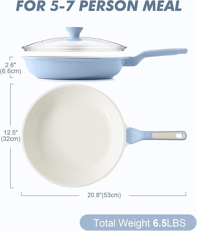SENSARTE Nonstick Ceramic Frying Pan with Lid 12.5 Inch Cooking Pan Skillet, Free of Intentionally Added PFAS/PTFE Non-toxic Chef's Pan Induction Compatible Pan, Heat Resistant Handle, Glacier Blue