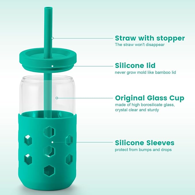 Mrsdry Glass Cups with Lids and Straws (4 Pack), 16oz Drinking Glasses Set with Silicone Sleeves for Coffee Bar Accessories Iced Coffee Cups with Lids, Glass Tumbler Reusable for Gifts