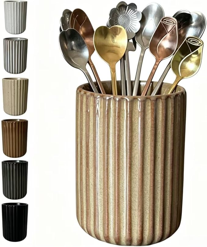 TOPYOKK Stoneware Coffee Bar Utensil Holder Tea & Coffee Spoon & Stirrer Holder for Stir Stick Straw Teaspoon Holder Spoon Cup Small Utensil Jar Fluted Vertical Stripe (Rustic Brown)