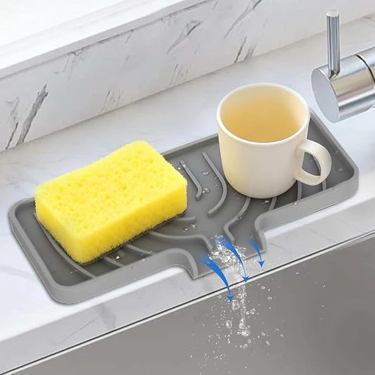 Silicone Sponge Holder for Kitchen Sink With Drain Spout, Self Draining, Kitchen Soap Tray, Bathroom Organizer, Sink Caddy (Gray, 10×4)