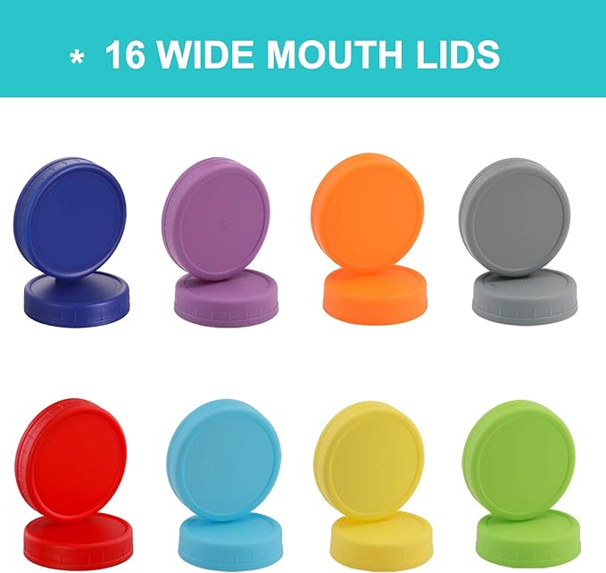 AOZITA [16 Pack] WIDE Mouth Mason Jar Lids for Ball, Kerr and More - Colored Plastic Storage Caps for Wide Mouth Mason/Canning Jars - Leak-Proof, Dishwasher Safe & Food Grade
