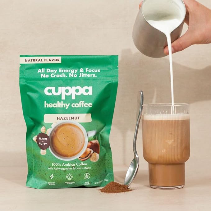 Cuppa Hazelnut Mushroom Coffee with Adaptogens & Superfoods - Lion’s Mane, Ashwagandha & Cordyceps. Adaptogens + MCT to support natural energy, mental focus & gut health (30 Servings)