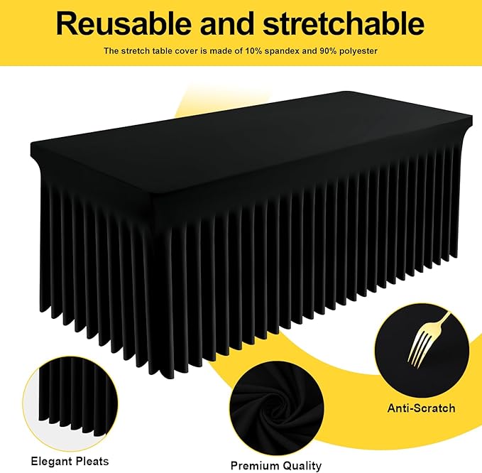 Smiry Spandex Tablecloth 3 Pack, Elastic Fitted Stretch Tablecloth for 6FT Rectangle Tables, Waterproof Washable Table Cover Skirt for Outdoor, Wedding, Banquet & Parties (Black, 72Lx30Wx30H Inch)
