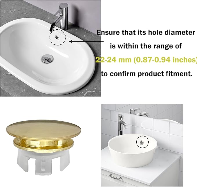 Sink Overflow Hole Cover Basin Trim Insert for Home, Sink, Bathroom, Kitchen Decorative Sink Drain Cap, Double Layer Copper Solid Chrome Overflow Cover(Gold)