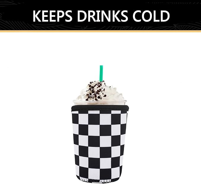 YR Reusable Neoprene Insulator Sleeve for Iced Coffee Cups, 3 Pack Coffee Coolies sleeves for Iced & Hot Drinks, Cold Beverage Cooler Compatible with Starbucks Coffee and More (Checkerboard Pattern)