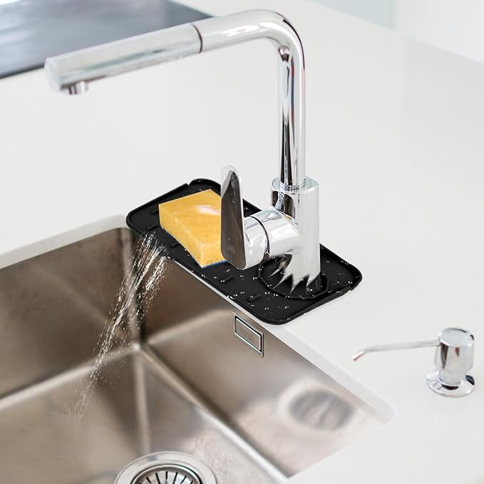 Sink Faucet Splash Guard Mat Silicone Soap Dish Pad Faucet Handle Drip Catch Sponge Holder Sink Protector Trays for Bathroom Kitchen Countertop Gadgets Accessories 8.3 x 5.7 Inch(Black)