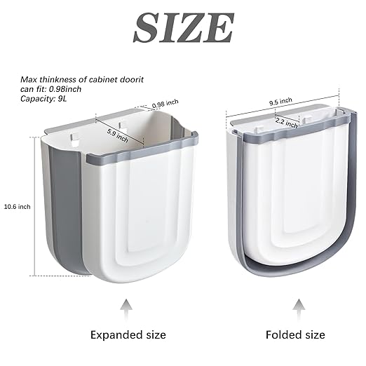 2 Pack Hanging Trash Can, 9L Collapsible Plastic Waste Bin for Cabinet Door, Wall Mounted 2.4 Gallon Foldable Small Wastebasket for Kitchen, Bathroom, Bedroom