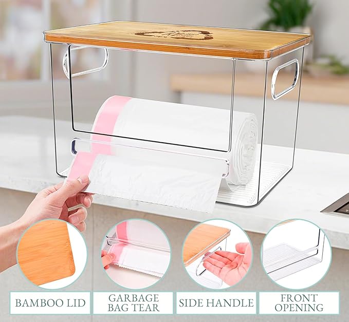 Extra Large Bag Dispenser, Trash Bag Dispenser in Plastic Material and Bamboo Lid, Kitchen Organizer, Bags Roll Included, Beautiful and Decorative.