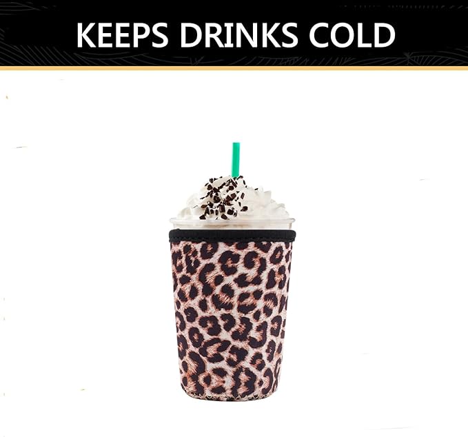 YR Reusable Neoprene Insulator Sleeve for Iced Coffee Cups, 3 Pack Coffee Coolies sleeves for Iced & Hot Drinks, Cold Beverage Cooler Compatible with Starbucks Coffee and More (Leopard)