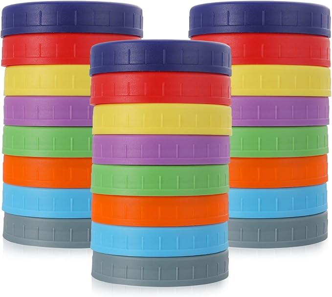 AOZITA [ 24 Pack ] WIDE Mouth Mason Jar Lids for Ball, Kerr and More - Colored Plastic Storage Caps for Mason/Canning Jars - Leak-Proof