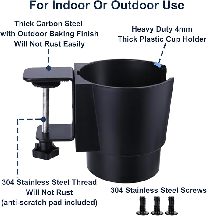 Universal Large Desk Cup Holder Clamp on, Heavy Duty Plastic Drink Holder for Table, Porch Swing, Patio Chair, Clip On Anti-Spill Bottle Holder for Most Cups, Bottles, Cans, Tumbles, Black, Pack of 1