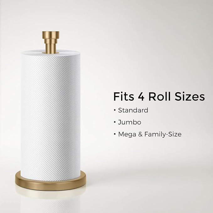 Warm Gold Paper Towel Holder Countertop, Freestanding Paper Towel Stand with Weighted Non-Slip Base, Easy Assembly, Unique Decorative End Cap for Kitchen and Bathroom