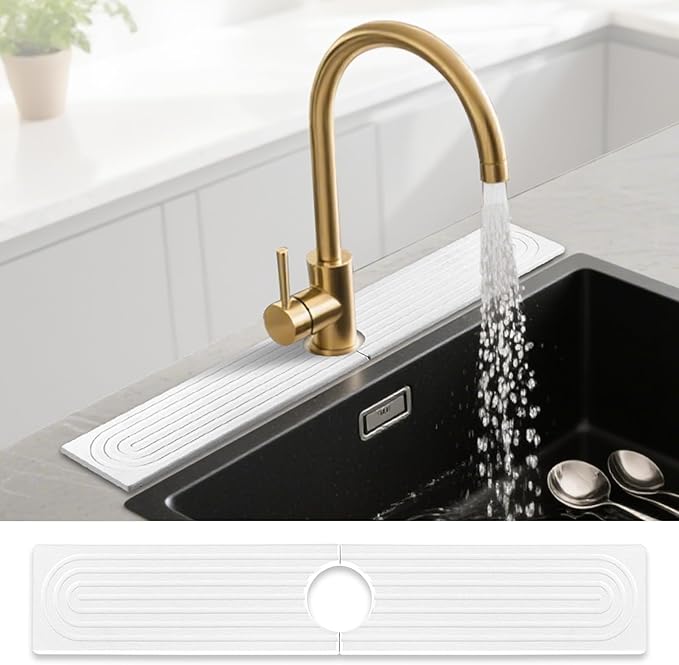 Stone Faucet Mat for Kitchen Sink, Absorbent Faucet Mat Quick Dry Stone Mat Kitchen Sink Protectors, Diatomaceous Earth Faucet Splash Guard Stone Sink Tray Pad for Bathroom Counter RV, White 24"x4"