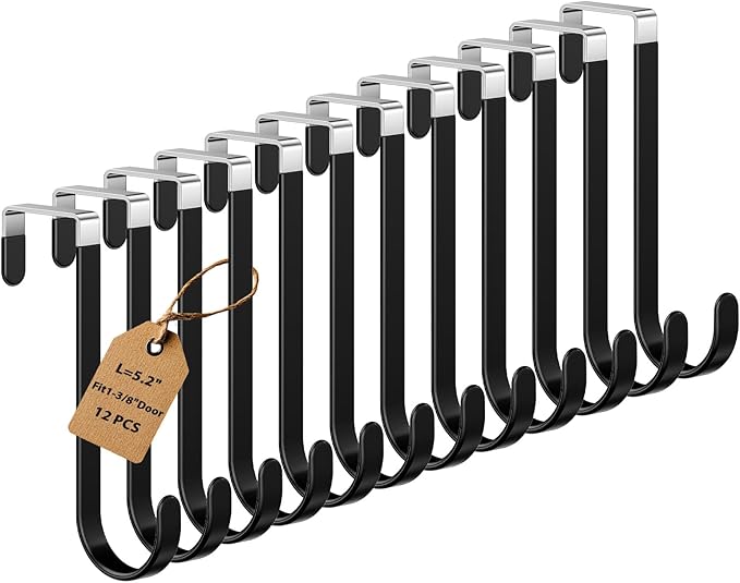 12 Pack Over The Door Hooks, Door Hanger Hook, Towel Hooks for Hanging, Towel Hanger for Bathroom, Fit 1 3/8" Door Black, Dorm Room Essentials