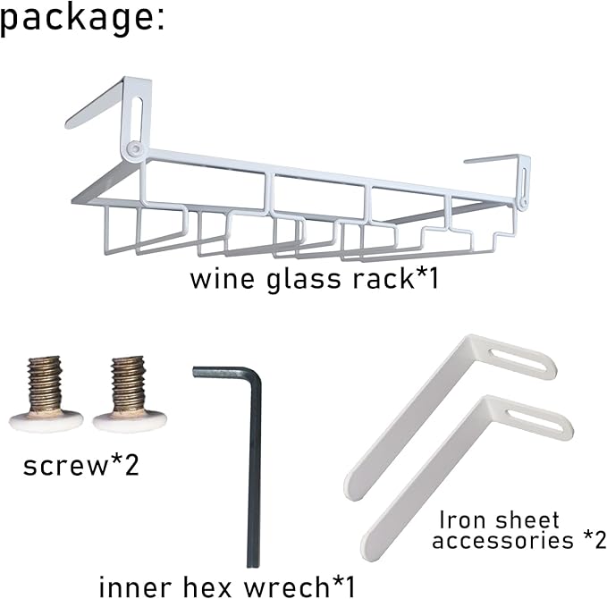 Adjustable Under Cabinet Stemware Holder - Metal Wine Glass Hanger Organizer for Kitchen, Bar, Shelf - Rustproof Hanging Storage Rack for 6-8 Glasses - Space Saving Decor (White, 4 Rows)