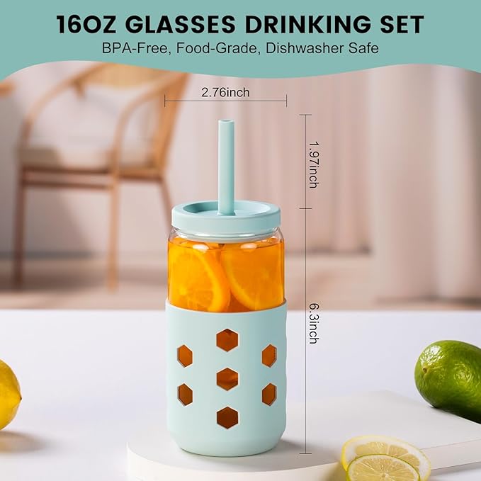 Mrsdry Glass Cups with Lids and Straws 4 Pcs, 16oz Glass Tumbler with Silicone Straw and Sleeve for Coffee Bar Accessory, Drinking Glasses Set Reusable Iced Coffee Cup - Smoothie Cup for Gifts
