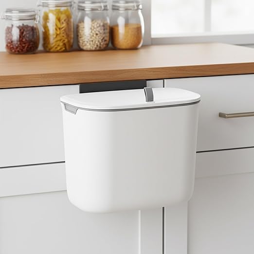 1.9 Gallon Under Counter Sink Waste Bin, Space Saving Hanging Kitchen Compost Bin with Lid Wall-Mounted Plastic Trash Garbage Can for Cabinet Door Cupboard Bathroom Office Home RV (White)