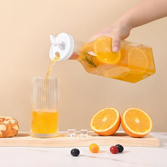 Set Of 4 Plastic Carafe With Lid, 50 Oz Mimosa Bar Supplies, Large Plastic Water Pitcher, Square Base Juice Containers For Party, Milk Container, Beverage Containers For Fridge- HAND WASH ONLY