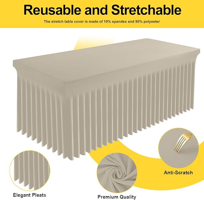 Smiry Spandex Tablecloth 2 Pack, Elastic Fitted Stretch Tablecloth for 6FT Rectangle Tables, Waterproof Washable Table Cover Skirt for Outdoor, Wedding, Banquet & Parties (Taupe, 72Lx30Wx30H Inch)